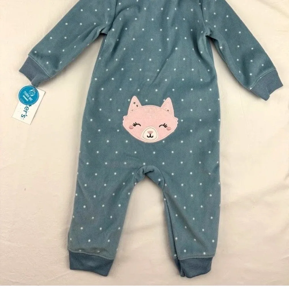 Carters Baby‎ Girl 9m Fox Polka Dot Fleece Footed Apple Pajama Sleepsuit Hooded